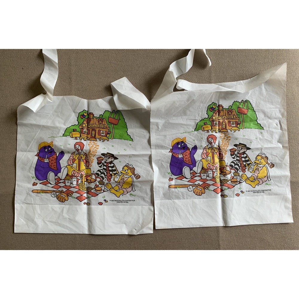 2 McDonalds 1993 Kids Plastic Bibs Catch Pocket Ronald Hamburgler Grimace Birdie